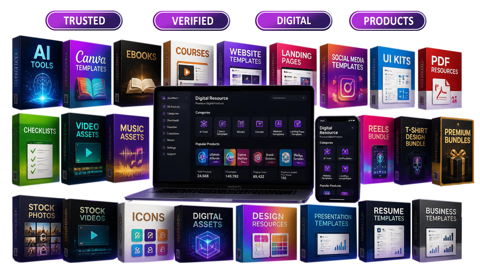 Digital Resource hero mockup showcasing premium digital products, AI tools, Canva templates, ebooks, courses, bundles, and creative resources.